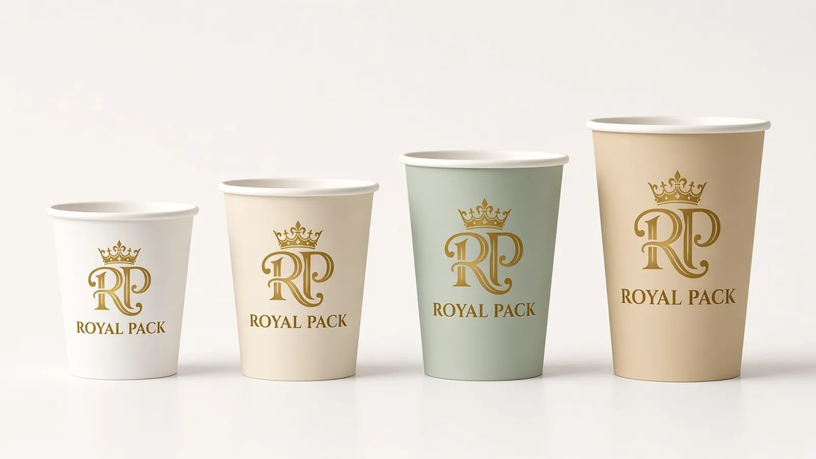 Four white and coloured Royal Pack printed paper cups in ascending sizes - paper cup sizes guide for cafes in Riyadh