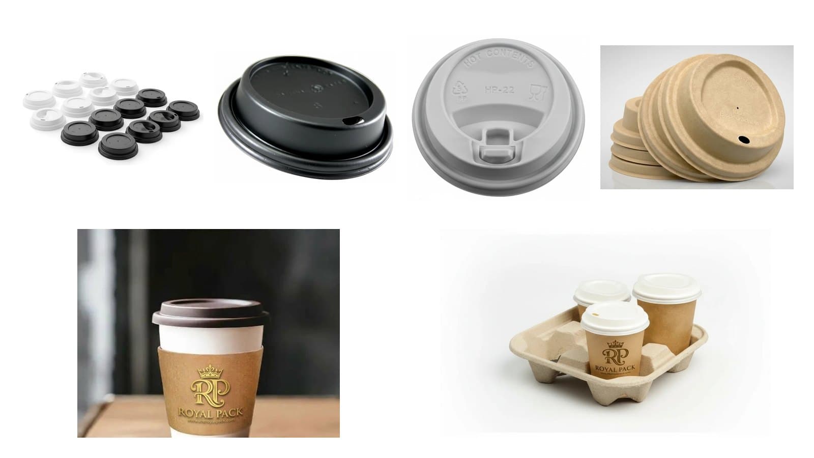 White and black flat cup lids, a black plastic dome lid with a small drinking hole, a grey sip lid, kraft paper lids, a kraft sleeve printed with the Royal Pack logo on a white cup, and a moulded-pulp carrier of kraft cups with white lids, one cup printed with the Royal Pack logo