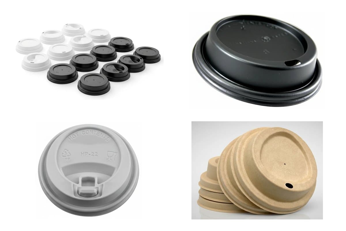 White and black flat cup lids, a black plastic dome lid with a small drinking hole, a grey sip lid with a raised opening, and a stack of kraft paper lids