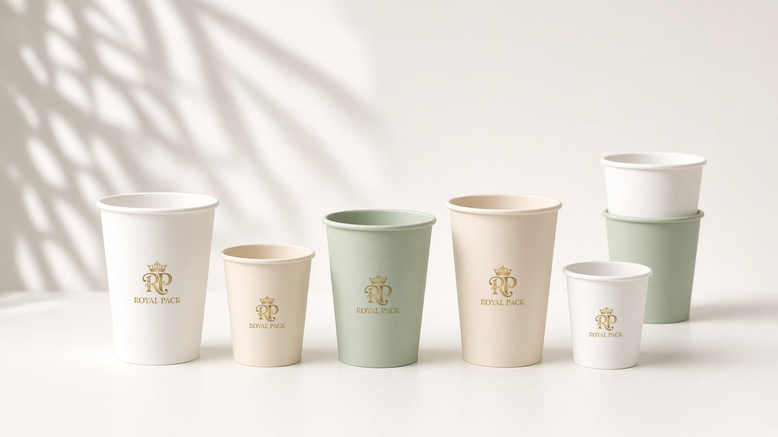 A group of white, cream and sage paper cups with the gold Royal Pack logo