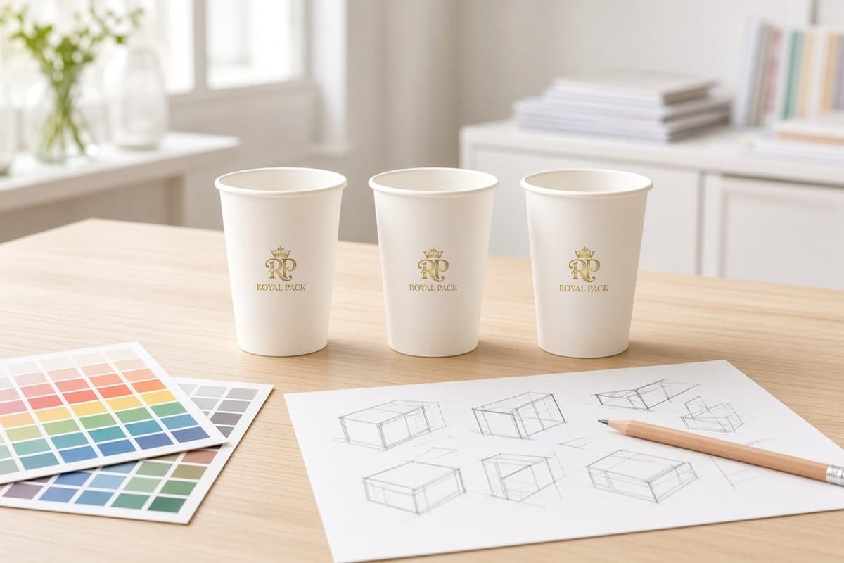 Three white Royal Pack branded paper cups on a desk with colour swatches and design sketches