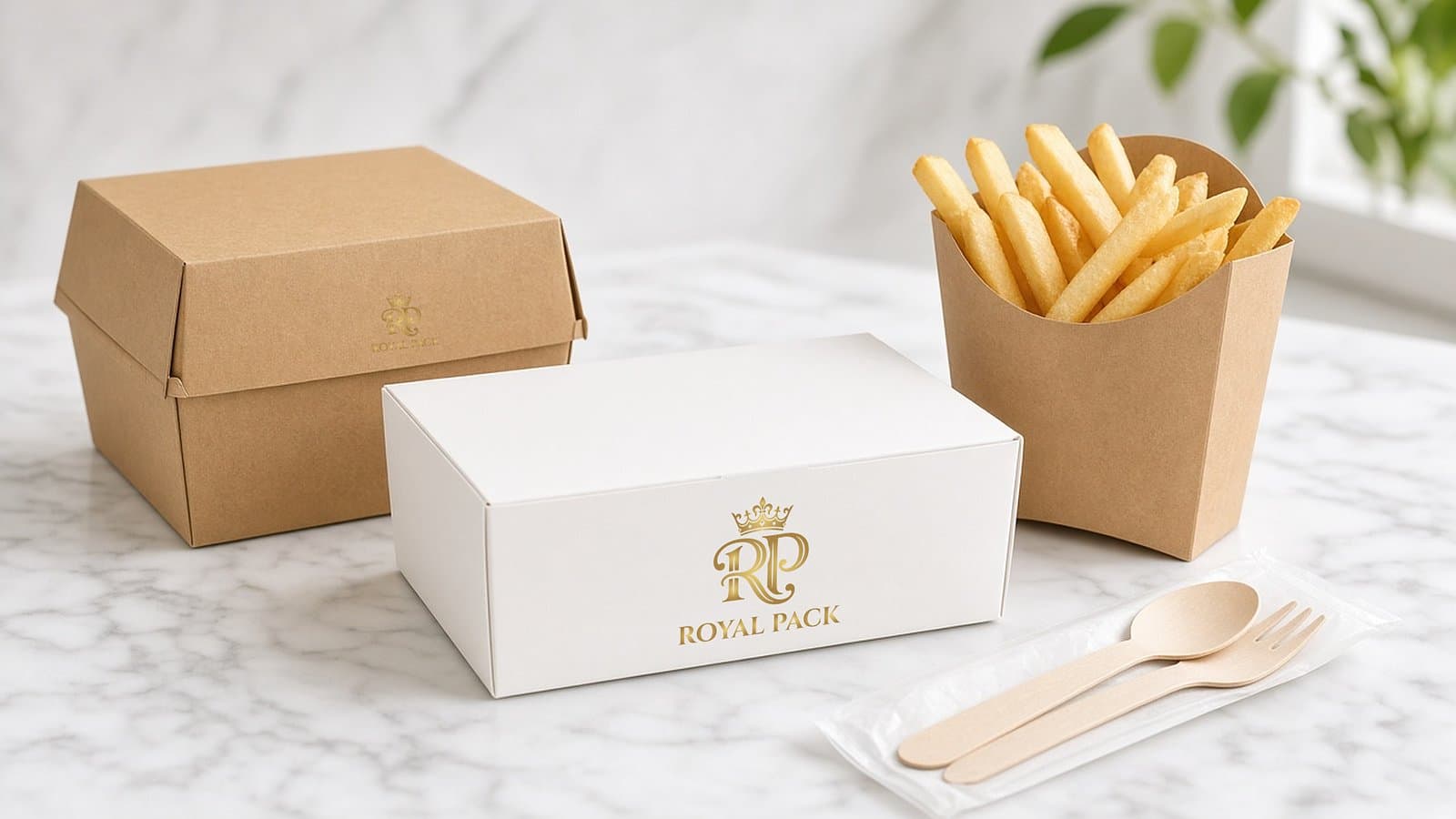Kraft burger box, white meal box with the Royal Pack logo, kraft fries box with fries, and a wrapped wooden spoon and fork on white marble