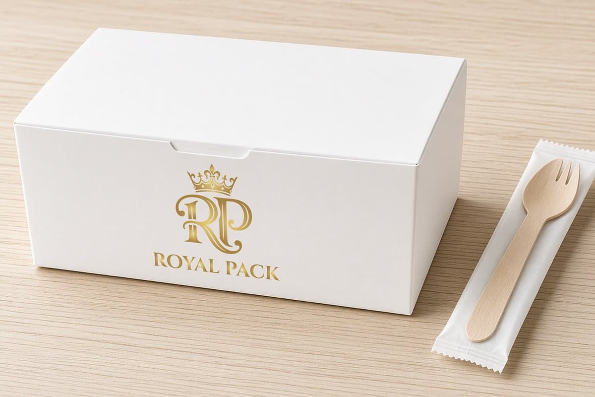 White takeaway box with the Royal Pack logo and a wrapped wooden fork on a light wood table
