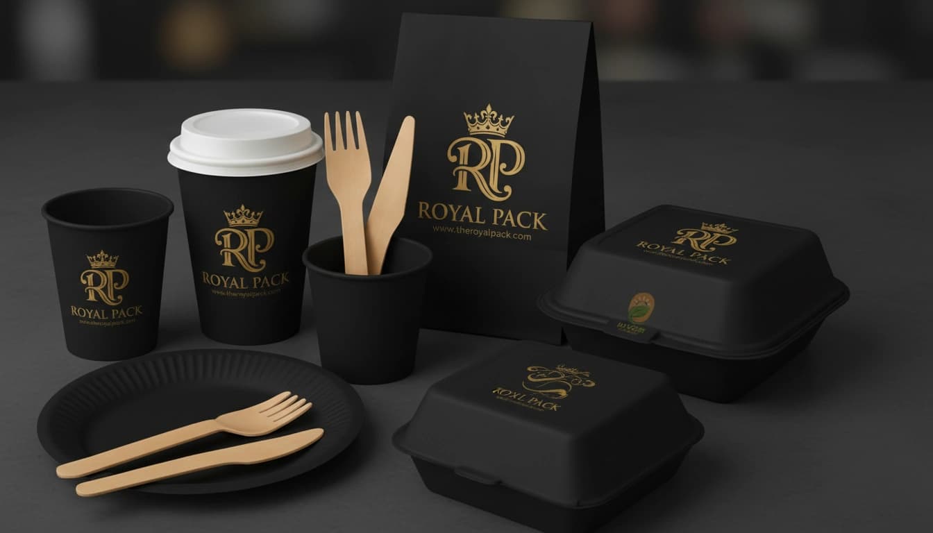 Black Royal Pack cups, bag, food boxes, plate and wooden cutlery on a dark surface.