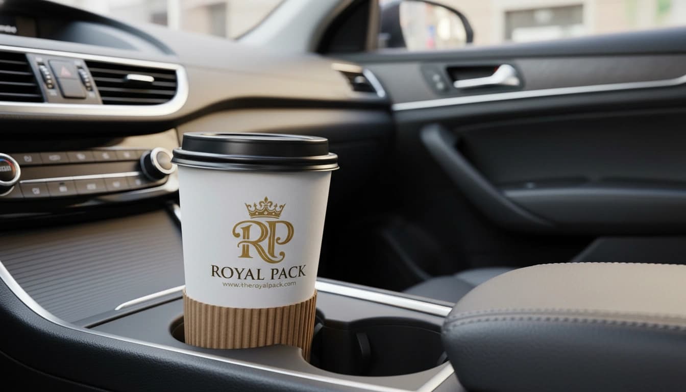 Royal Pack takeaway cup in a car cup holder.