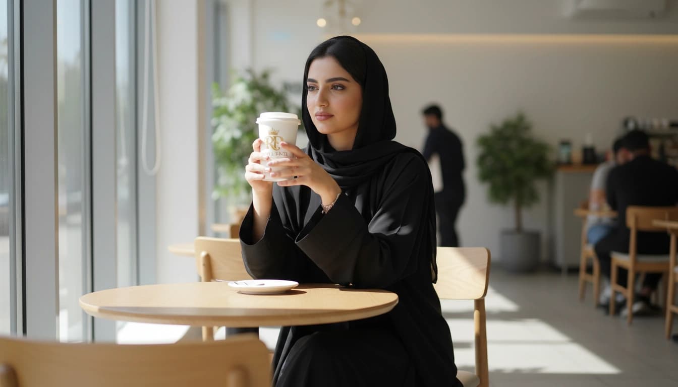 A woman seated in a cafe holding a cup.