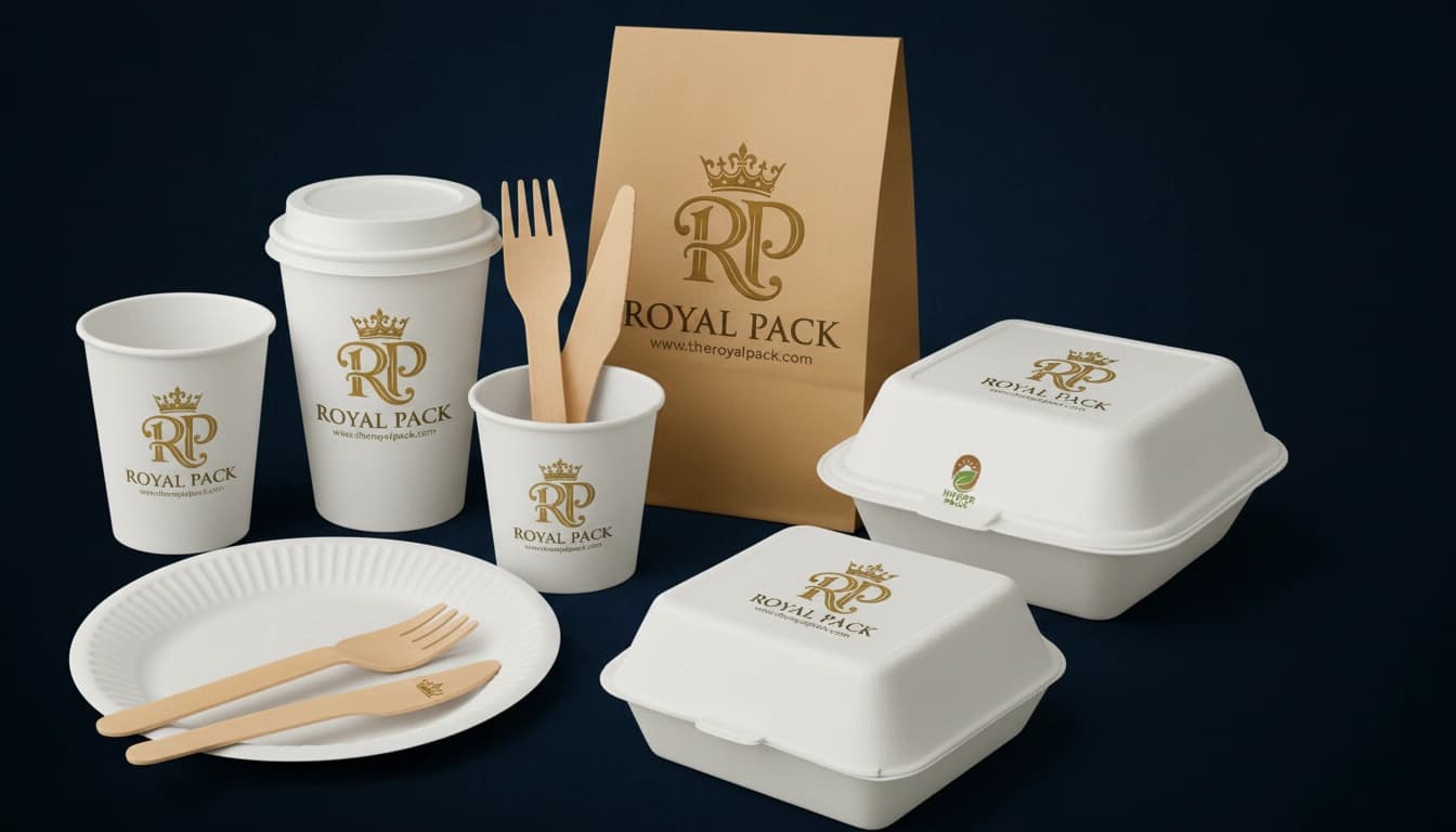 White Royal Pack cups, food boxes, plate, cutlery and a kraft bag.