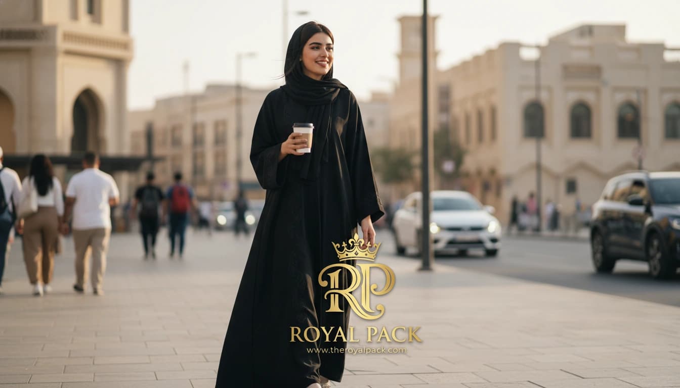 A woman holding a cup outdoors in a city square.