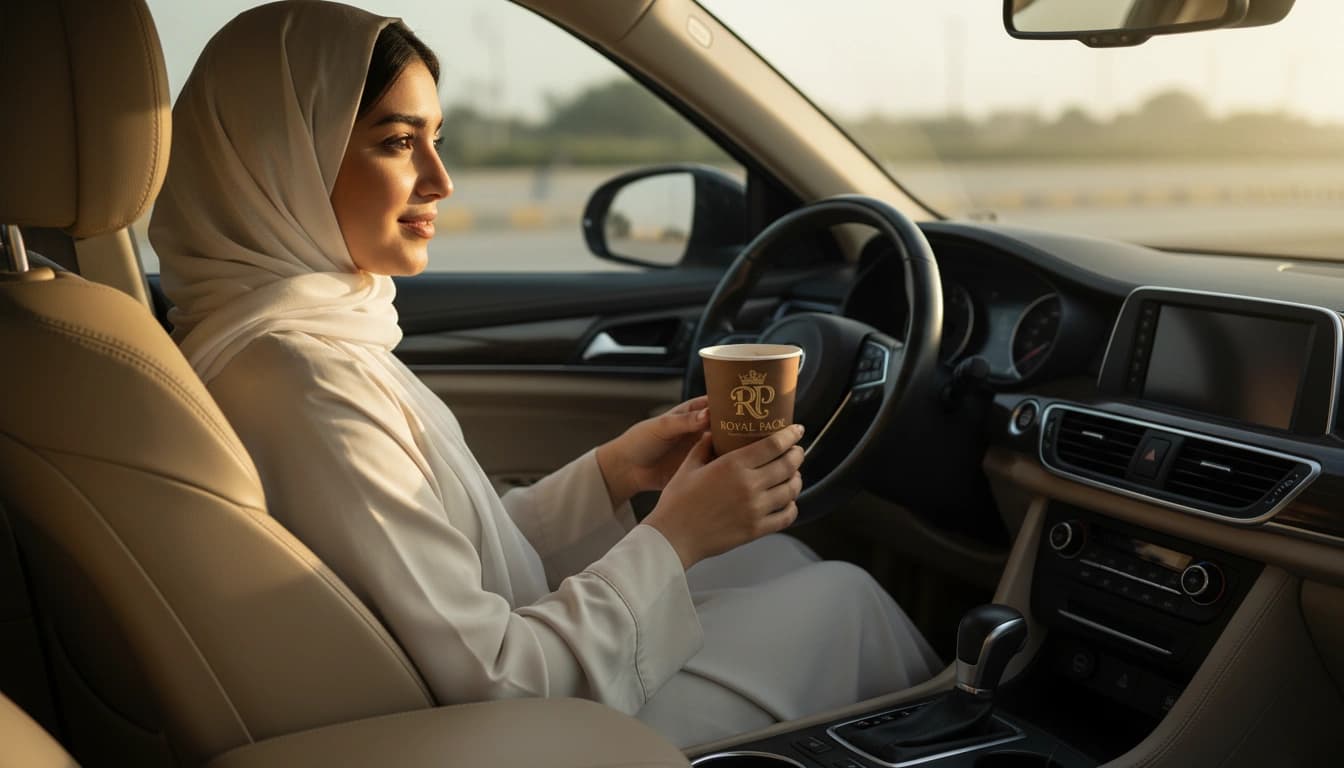 A woman seated in a car holding a takeaway cup.