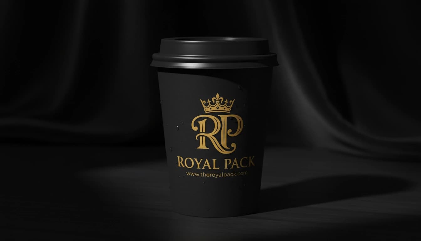 A black takeaway cup with a gold Royal Pack logo against a dark background.