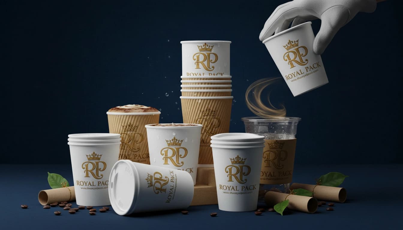 White and kraft cups with lids, with a hand holding one of the cups.
