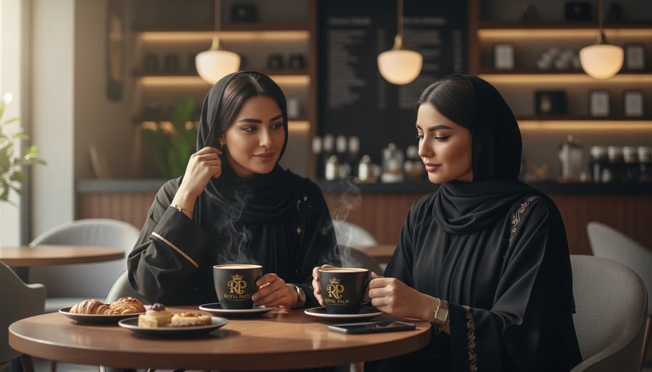 Two women seated at a cafe table with cups.
