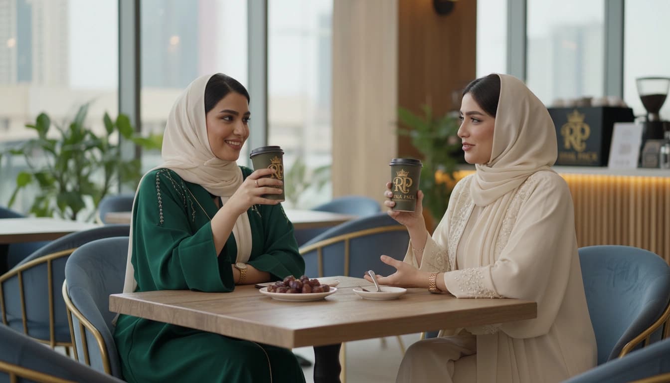 Two women holding cups at a cafe table.