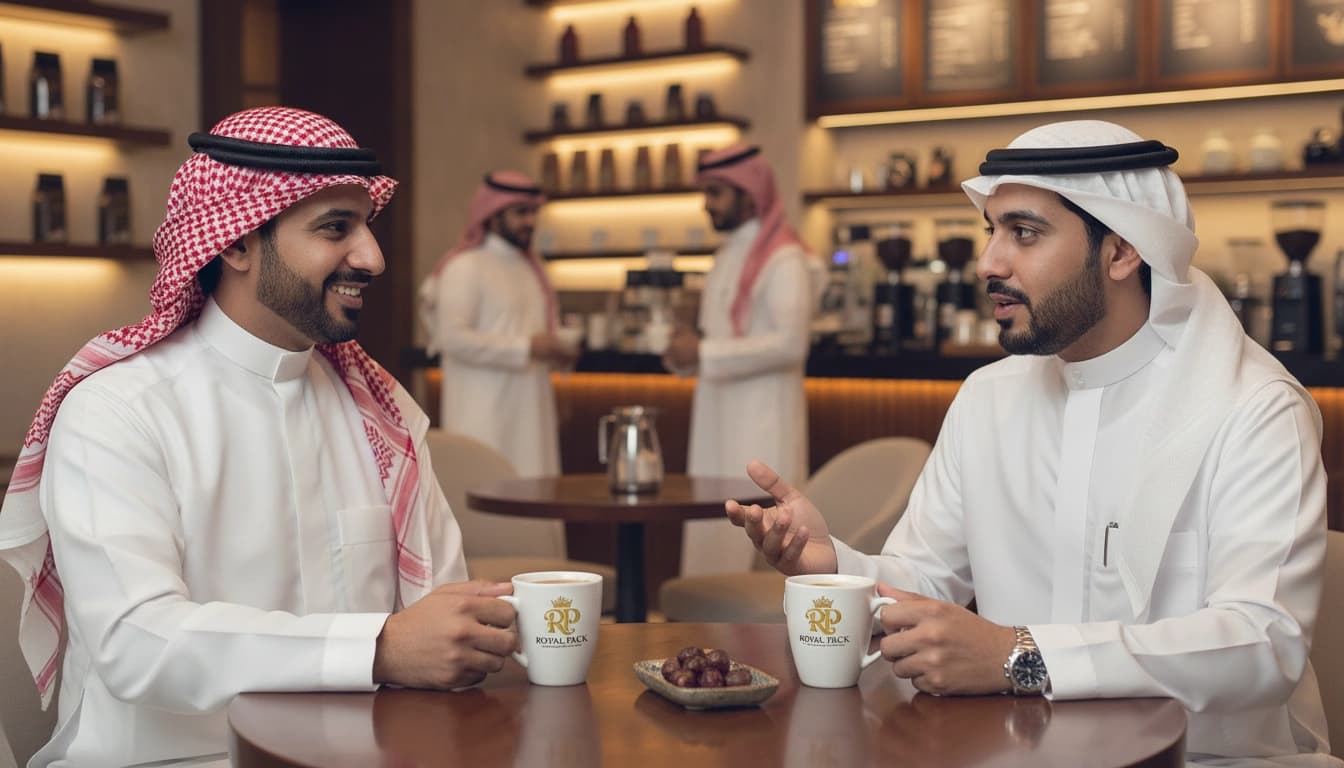 Two men chatting over cups at a cafe table.