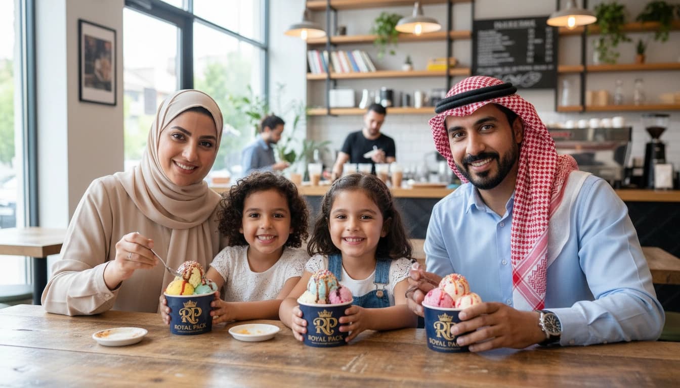 A family of four seated at a cafe table with branded cups.