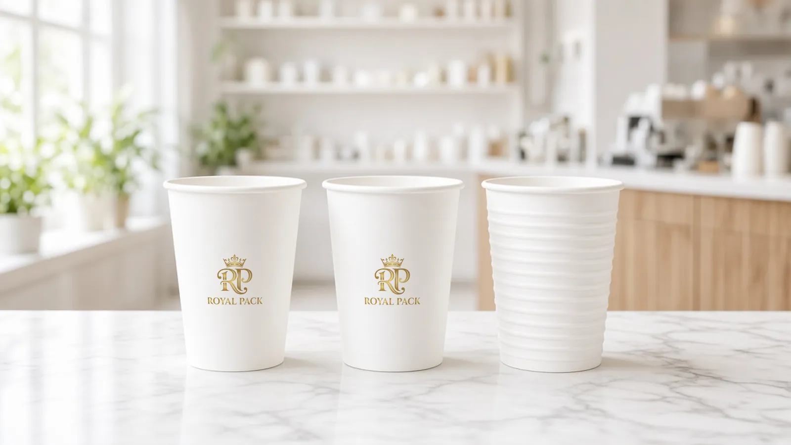 Three white paper cups on a bright café counter: single wall and double wall cups printed with the Royal Pack logo, and a plain ripple wall cup with no logo