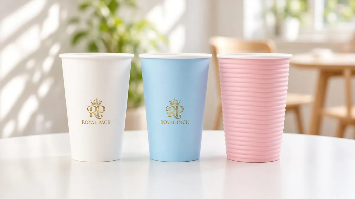 White and blue smooth paper cups printed with the Royal Pack logo beside a plain pink ripple wall cup with no logo