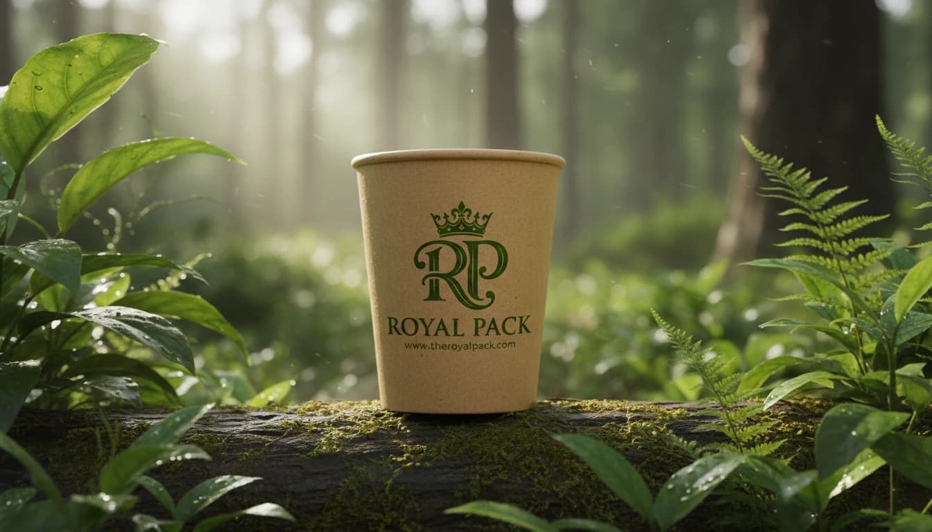 Kraft paper cup with a green Royal Pack logo on a mossy log in a forest